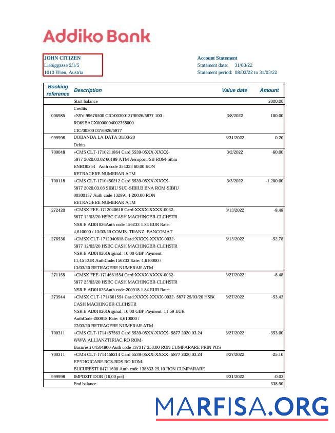Printable Austria Addiko Bank bank statement excel example